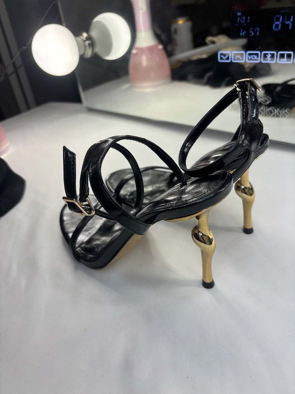 JW PEI Alivia Gold Metal Heel Sandals in Black - Picture 8 of 11